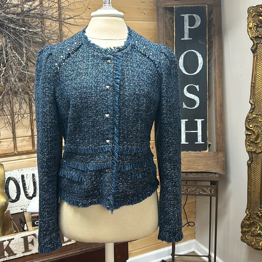 Blue tweed with fringe and studs